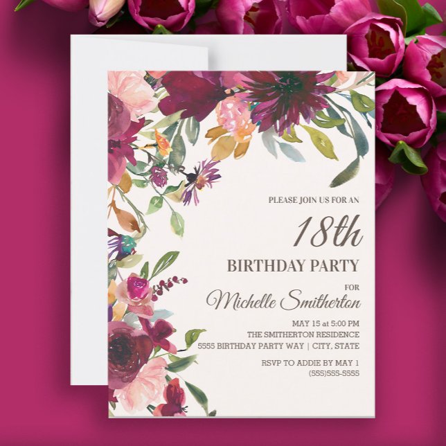 Convites Púrpura Rosa Dourada Elegante Floral 18º Aniversár (Burgundy and pink floral 18th birthday party invitation)