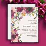 Convites Púrpura rosa Dourada rosa Elegante Floral 60º Aniv<br><div class="desc">Linda e elegante ameixa roxa e rosa floral com folhas verdes sábias cor d'água botânica 60º convite de aniversário para mulheres. O texto é uma fonte de pincel de caligrafia dourada e está alinhado no lado direito da placa. Este convite de aniversário vai para a nossa Coleção de Festas de...</div>