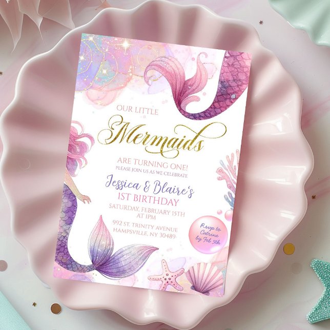 Convites Púrpura Rosa Pequena Duas Sereias Gêmeas Aniversár (Criador carregado)