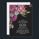 Convites Púrpura rosa púrpura, cor-de-rosa, 60º aniversário<br><div class="desc">Elegante convite de aniversário preto 60º para mulheres com flores e folhagem cor-de-água roxas e rosadas. Entre em contato comigo para obter assistência com a personalização ou para solicitar correspondência ou coordenação de produtos Zazzle.</div>