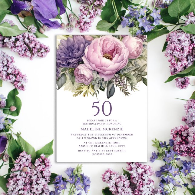 Convites Púrpura rosa púrpura Floral 50º Aniversário (Purple peonies 50th birthday party invitation for women
)