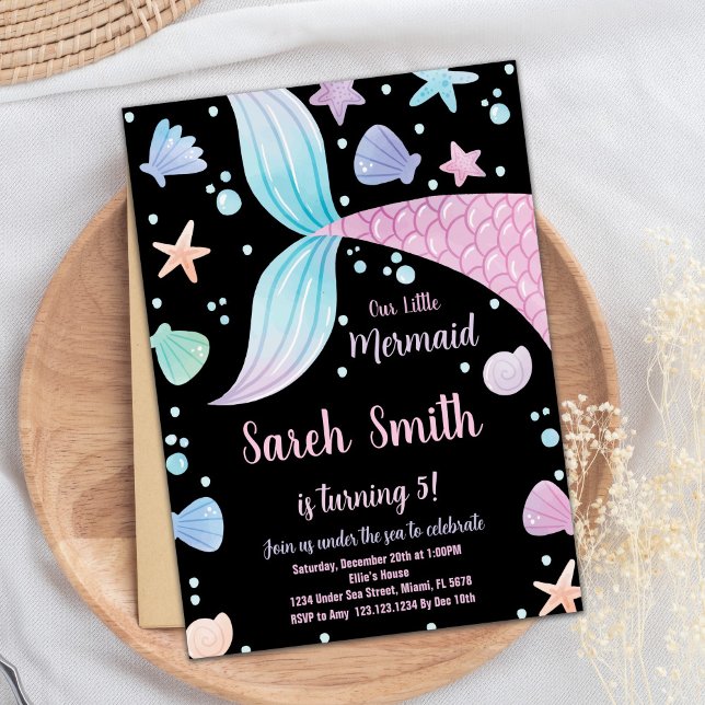 Convites Púrpura, rosa, Sereia, Pia, Aniversário (Purple Black Pink Mermaid Tail Birthday Invitation)
