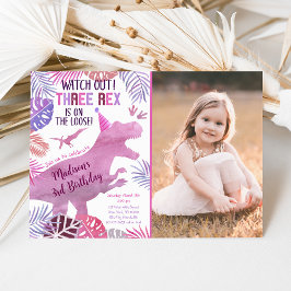 Convites Púrpura Rosa Três Rapariga Rex Dinossauro Aniversá