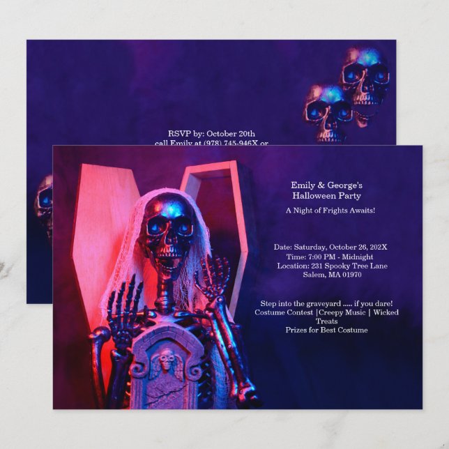 Convites Púrpura Skeleton Coffin Festa de Halloween (Frente/Verso)