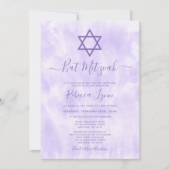 Convites Púrpura Tie Dye Bat Mitzvah (Frente)