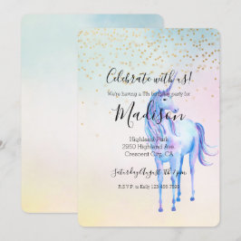Convites Púrpura Unicorn Aqua Amarelo rosa Dourado Confetti