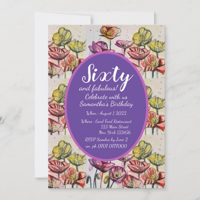 Convites Púrpura Vermelha Papoila Floral 60º Aniversário Co (Frente)
