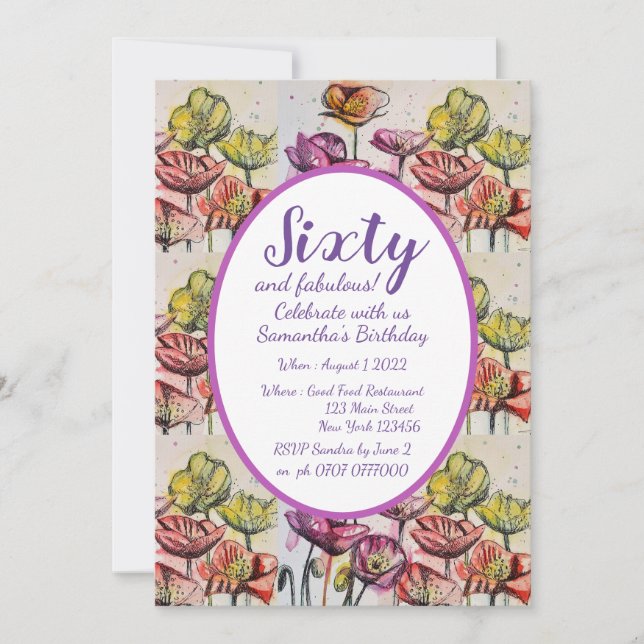 Convites Púrpura Vermelha Papoila Floral 60º Aniversário Co (Frente)