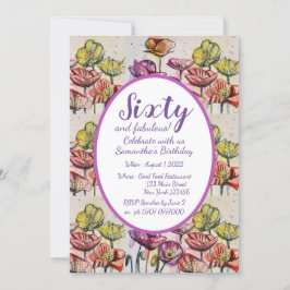 Convites Púrpura Vermelha Papoila Floral 60º Aniversário Co
