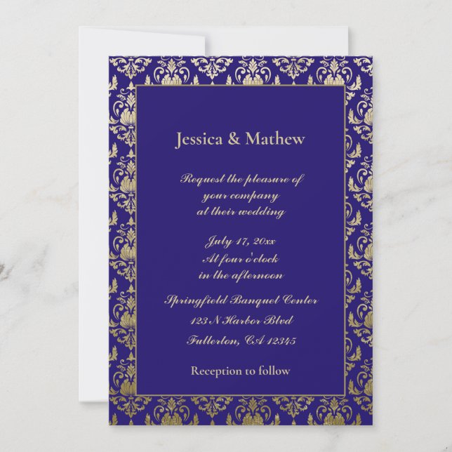 Convites Púrpura Violeta e Padrão Dourado | Casamento Moder (Frente)
