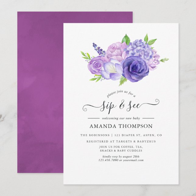 Convites Púrpura Watercolor Floral e Consulte (Frente/Verso)