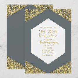 Convites Purpurina Cinza e Dourado Glam Festa Sweet 16
