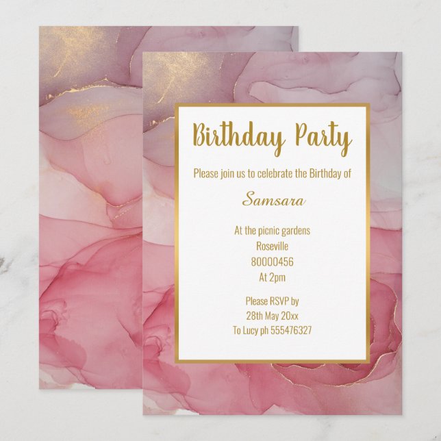 CONVITES PUXE PINK BLUSH MARBLE ROSA DE ANIVERSÁRIO (Frente/Verso)