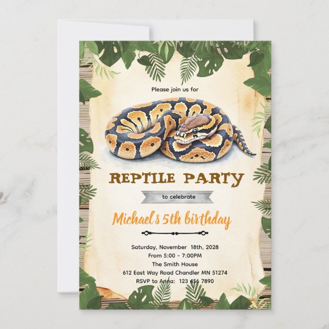 Convites Python reptile birthday party invitation (Frente)