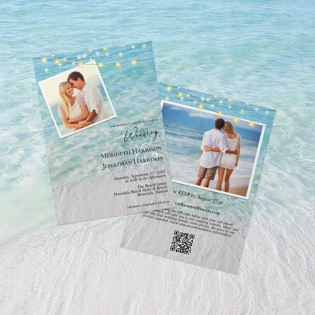 Convites QR Beach Photo String Acende Tudo Em Um Casamento (Front and back - features your QR code, wedding website, and any other wedding detail info.)