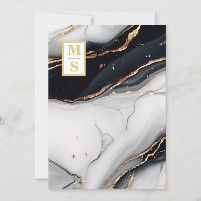 Convites *~ QR BLACK White Marble Agate AR66 RSVP Casamento (Frente)