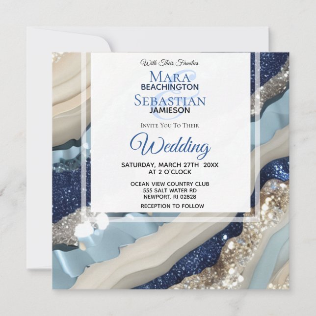 Convites *~* QR BLUE IVORY SILVER Agate RSVP AR66 Casamento (Frente)