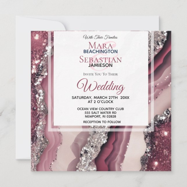 Convites *~* QR BURGUNDY PINK Agate RSVP AR66 Casamento (Frente)