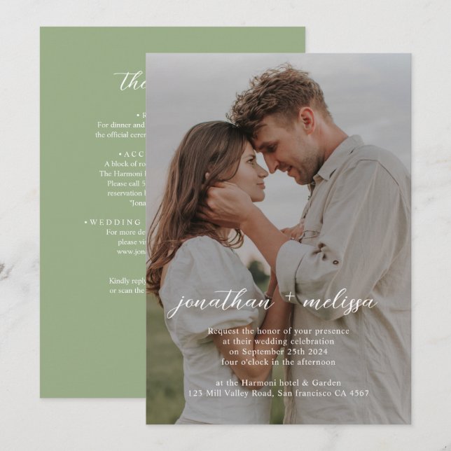 Convites QR Code All in One Sage Green Photo Script Wedding (Frente/Verso)