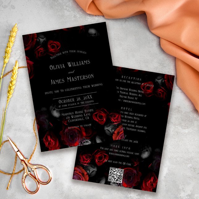 Convites QR Code Black and Red Floral All in One Wedding (Criador carregado)