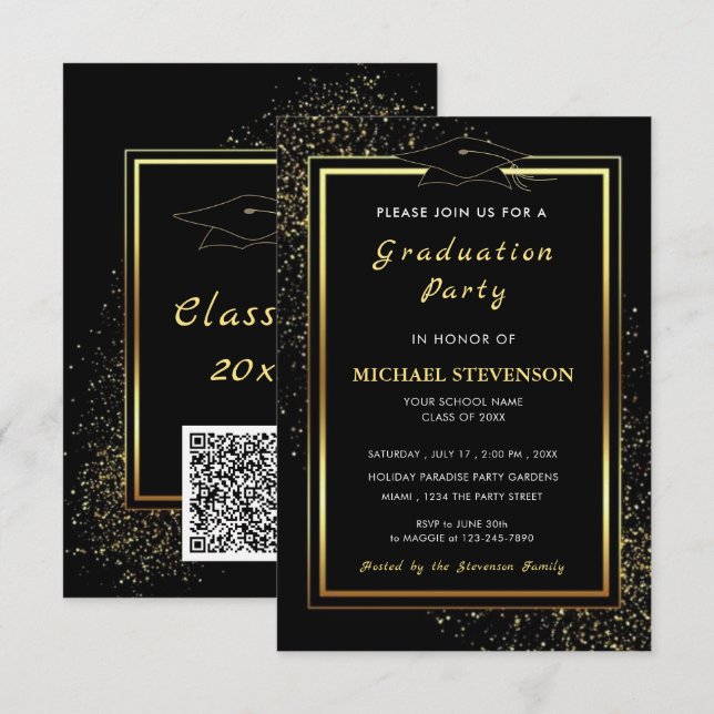 Convites QR Code Black Gold Glitter Graduation Invitations (Frente/Verso)