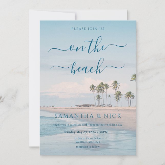 Convites QR Code Blue Ocean Palm Tree Beach Wedding (Frente)