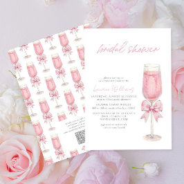 Convites QR Code Blush Pink Bow Champagne Bridal Shower