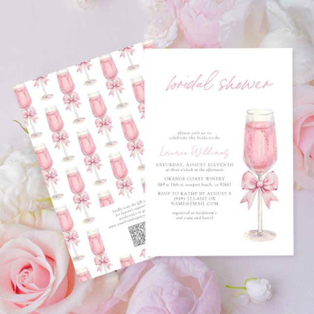 Convites QR Code Blush Pink Bow Champagne Bridal Shower (Criador carregado)