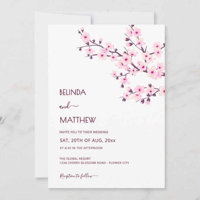 Convites QR Code | Cherry Blossoms  Pink White Wedding (Frente)