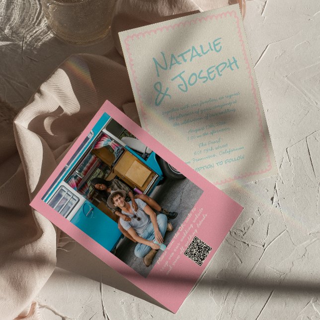 Convites QR Code Colorful Pastel Hand Written Photo Wedding (Criador carregado)