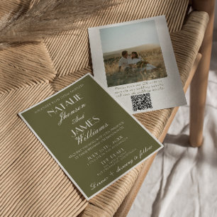 Convites QR Code de Foto de Casamento Clássico em Verde Oli
