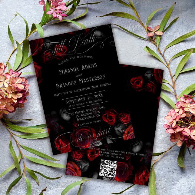 Convites QR Code Elegant Black and Red Floral Wedding (Criador carregado)