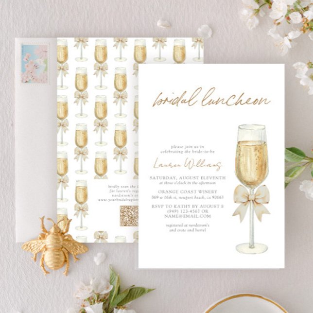 Convites QR Code Elegant Champagne Chic Bow Bridal Luncheon (Criador carregado)