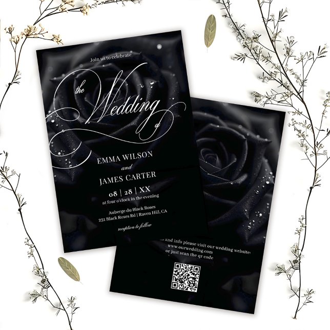 Convites QR Code Elegant Midnight Rose Calligraphy Wedding (Criador carregado)