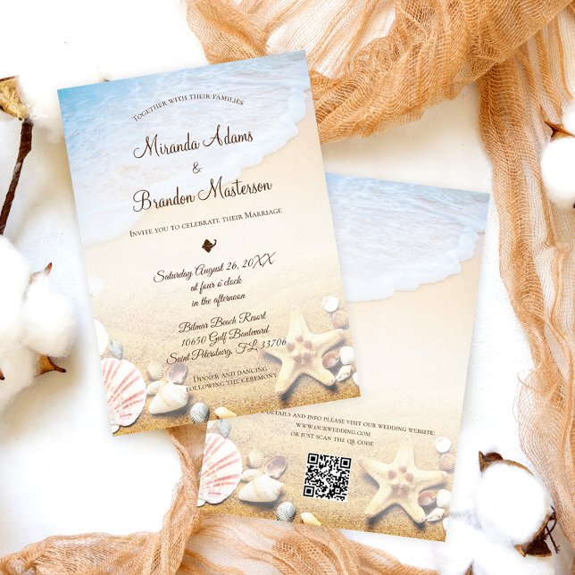 Convites QR Code Elegant Modern Starfish Beach Wedding (Criador carregado)