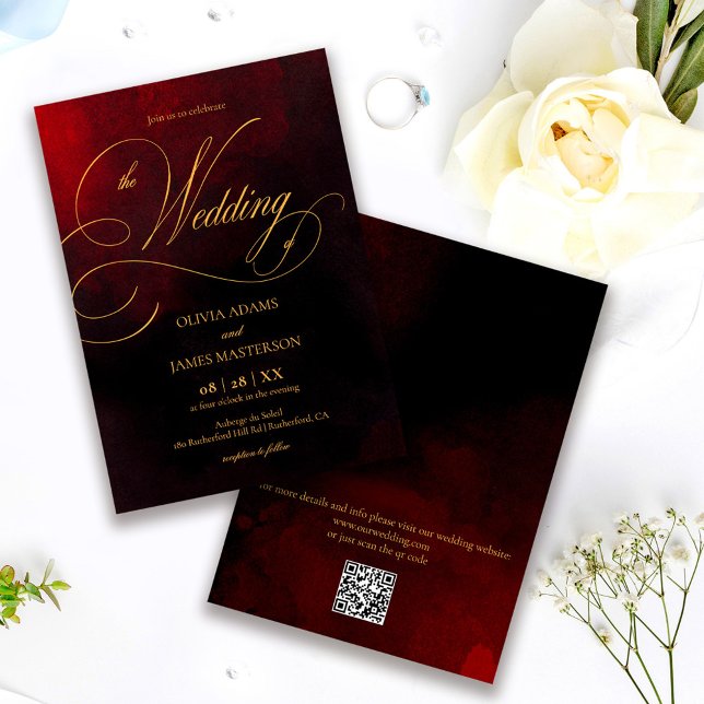 Convites QR Code Elegant Red Black Gold Calligraphy Wedding (Criador carregado)
