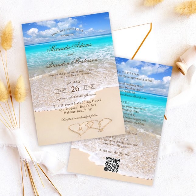 Convites QR Code Elegant Tropical Beach Wedding All in One (Criador carregado)
