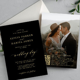Convites QR code fotografia ouro caligrafia negro casamento