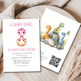 Convites QR Code Girl Dinosaur Hatching Soon Baby Shower