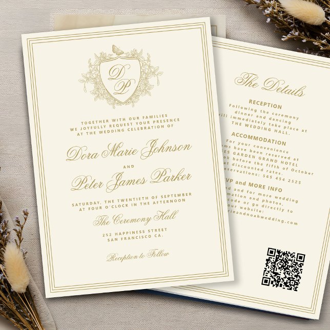 Convites QR code gold ivory crest monogram wedding (Criador carregado)