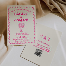 Convites QR Code Hand Drawn Vivid Pink Retro Funky Wedding