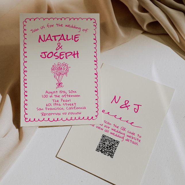 Convites QR Code Hand Drawn Vivid Pink Retro Funky Wedding (Criador carregado)
