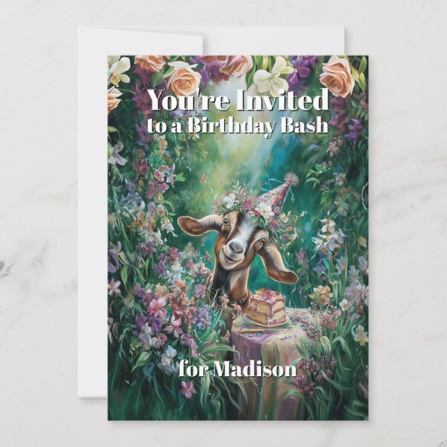 Convites QR code Happy Birthday Nubian Goat Garden Flowers (Frente)