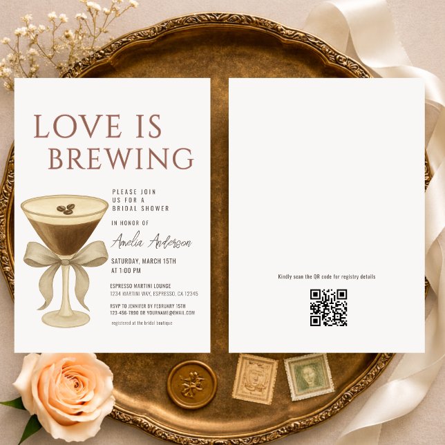 Convites QR Code Love is Brewing Martini Bridal Shower (Criador carregado)