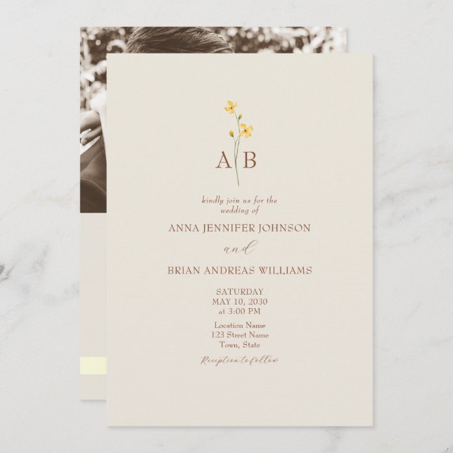 Convites QR Code Neutral Wildflower Photo Wedding (Frente/Verso)