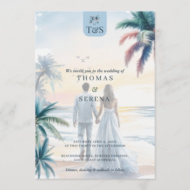 Convites QR Code Palm Tree Beach Wedding Destination (Frente)
