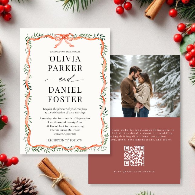 Convites QR Code Photo Red Ribbon & Bow Winter Wedding (Criador carregado)