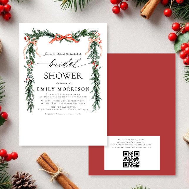 Convites QR Code Pine Bow Christmas Bridal Shower (Criador carregado)