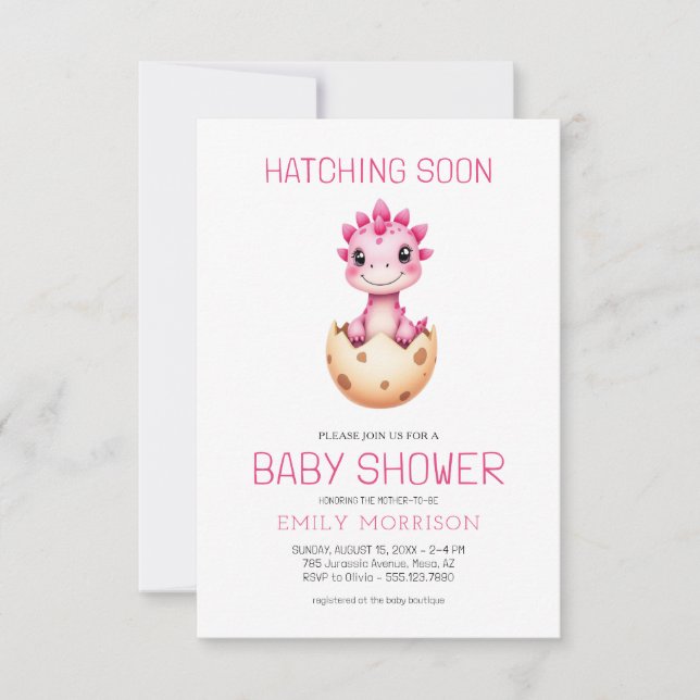 Convites QR Code Pink Dinosaur Hatching Soon Baby Shower (Frente)