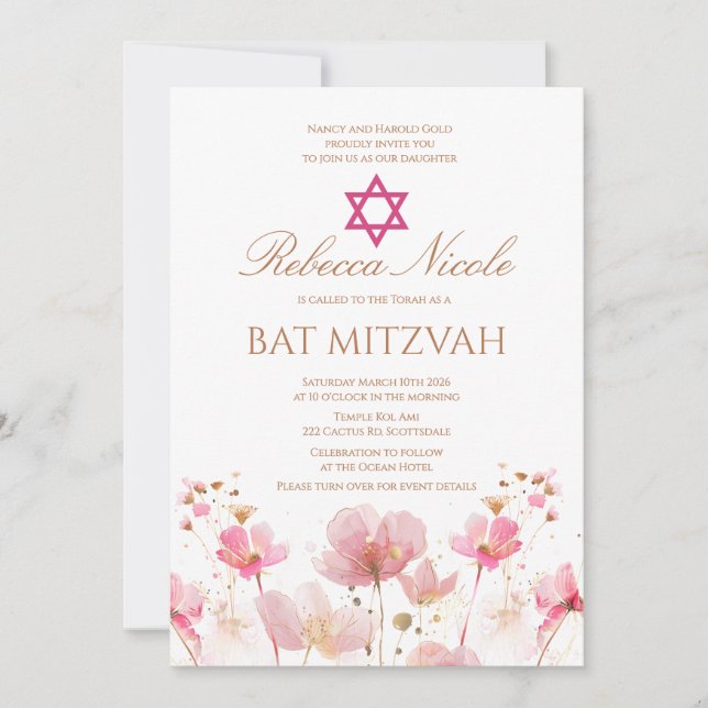Convites QR Code Pink Watercolor Floral Bat Mitzvah  (Frente)